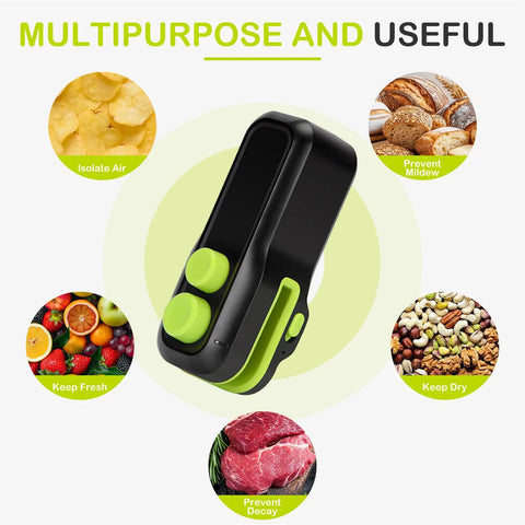2 In 1 Mini Bag Sealer With Cutter And Magnet Portable On The Go Heat Seal Tool To Reseal Plastic Bags And Keep Snacks Fresh Compact ABS Sealing Machine In Black With Green Accents
