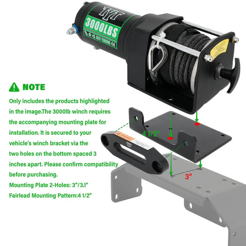 Beefy 3000 Lb ATV Winch With Wireless Remote And Wired Switch 12V DC Electric Winch With Synthetic Rope Fairlead And Mounting Plate For Easy Install And Universal Fit Perfect For Off Road Recovery, shown with mounting plate and fairlead pattern