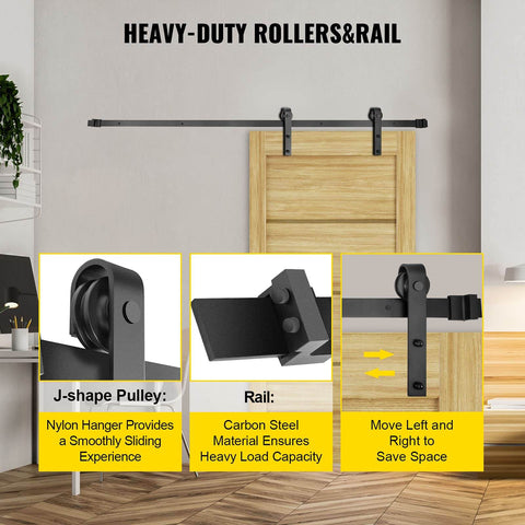 11 Ft Sliding Barn Door Hardware Kit for heavy duty double door, 330 lb load capacity, carbon steel in black, installed view