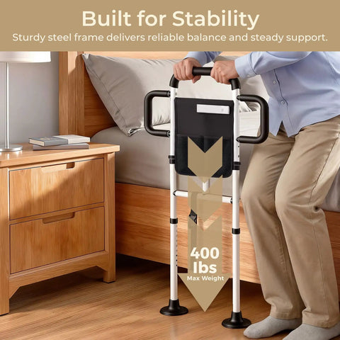 Heavy Duty Bed Rail For Seniors With 400 Lbs Support ASTM Certified Height Adjustable Bed Assist Rail in bedroom setup.