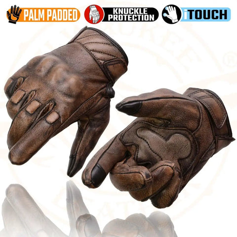 Distressed Brown Leather Gloves With Vibration-Reducing Gel Palm And Knuckle Protectors For Serious Motorcycle Riding, Built For Grip