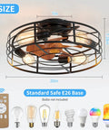 Caged Ceiling Fan With Light 20 Inch Low Profile Flush Mount Industrial Vibe with remote and bulb base display