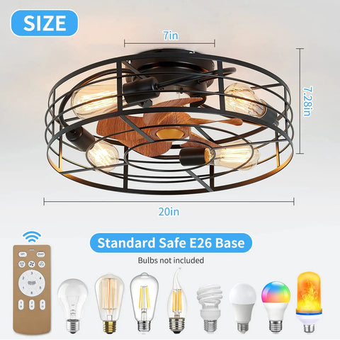 Caged Ceiling Fan With Light 20 Inch Low Profile Flush Mount Industrial Vibe with remote and bulb base display