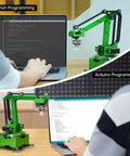Front view of LewanSoul MaxArm robotic arm kit for Arduino; green modular arm with suction nozzle on desk.