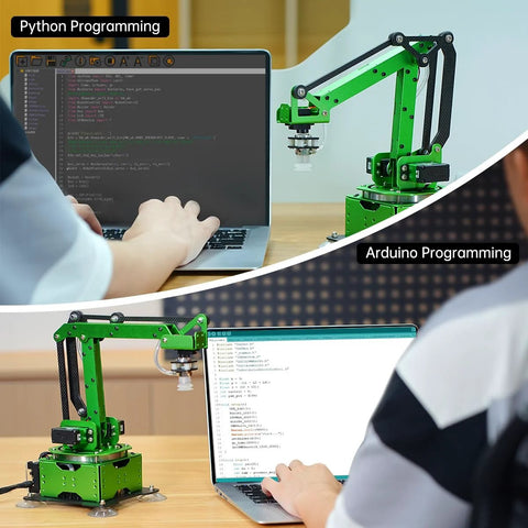 Front view of LewanSoul MaxArm robotic arm kit for Arduino; green modular arm with suction nozzle on desk.