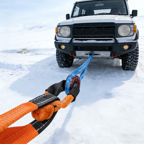 UHMWPE Soft Shackle Two Pack With Space Aluminum Recovery Ring towing SUV in snow off road recovery three eighths by twenty two inches breaking strength up to thirty two thousand six hundred pounds