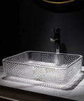 Modern Round Countertop Basin Crafted From Shatterproof Tempered Glass With Quick Pop Up Drain For Chic Bathroom Vanity Or An Absolute Dope Bar Sink Swap on a marble countertop.