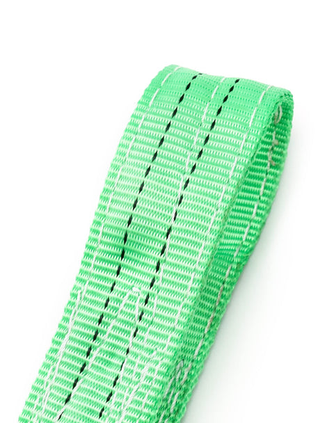 Close-up of green polyester Two Leg Bridle Web Sling 5ft Heavy Duty Rigging Strap With Eye Hook 6613 Lb Vertical Capacity Two Pack