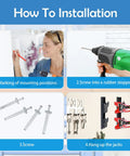 Installation steps for Off Floor Jack Stands Wall Mount Organizer Brackets, showing tools and equipment in use