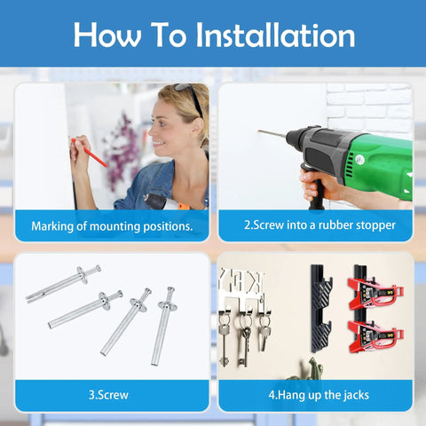 Installation steps for Off Floor Jack Stands Wall Mount Organizer Brackets, showing tools and equipment in use