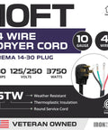 Iron Forge Cable packaging for 10FT STW Four Prong Dryer Cord Ten Foot Black With Ring Terminals For NEMA Fourteen Thirty Plug Thirty Amp Extension Cord For Dryer And EV Ten Gauge Four Conductor 125V To 250V SRDT