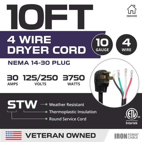 Iron Forge Cable packaging for 10FT STW Four Prong Dryer Cord Ten Foot Black With Ring Terminals For NEMA Fourteen Thirty Plug Thirty Amp Extension Cord For Dryer And EV Ten Gauge Four Conductor 125V To 250V SRDT