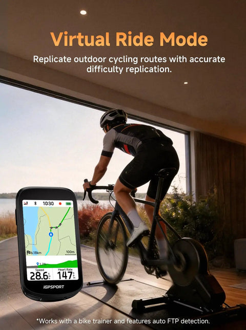Cyclist using GPS Bike Computer With 3.3 Inch Touchscreen Map And Voice Navigation Ebike Mode Climb Training on indoor bike.