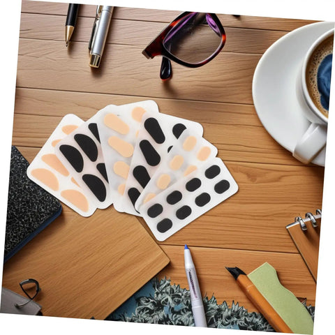 96 Piece Eyeglass Nose Pads Adhesive Cushions For Glasses Nonslip Comfort Comfy EVA Sponge Nose Pads on table with glasses and coffee.