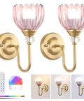 Pair Of Vintage Battery Powered Wall Sconces With Massive 5000Mah Cell And Smart Remote Dimmable Tulip Pink Shades, gold and pink glass design.