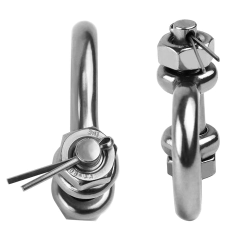 Pro Grade 316 Marine Stainless Steel D Ring Shackles Heavy Duty Anchor And Towing Rigging Gear Built Like A Tank For Boats And Yachts Including Secure Cotter Pins, showing pin mount detail.