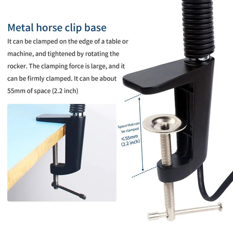 Close-up of metal horse clip base for Led C Clamp Work Light With Flexible Gooseneck IP65 Waterproof 900 Lumen LED Lamp.