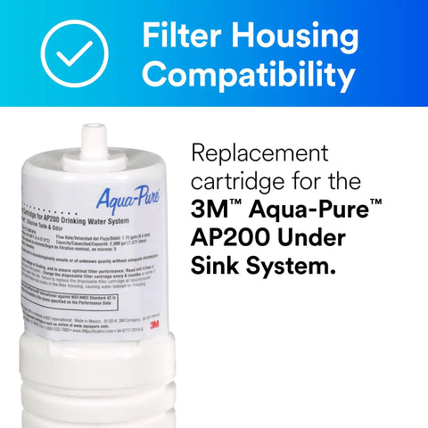 Under Sink Replacement Water Filter Cartridge AP217 For AP200 System 2 Pack, bottle label showing filter compatibility.