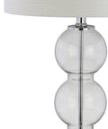 Clear Glass Triple Sphere Table Lamps Set Of Two With Chrome Finish And Super Sleek White Linen Shade For Living Room Bedroom Or Office 27 Inch Tall Bedside Lamps LED Bulbs Included And ETL Listed, close-up of glass spheres and linen shade.