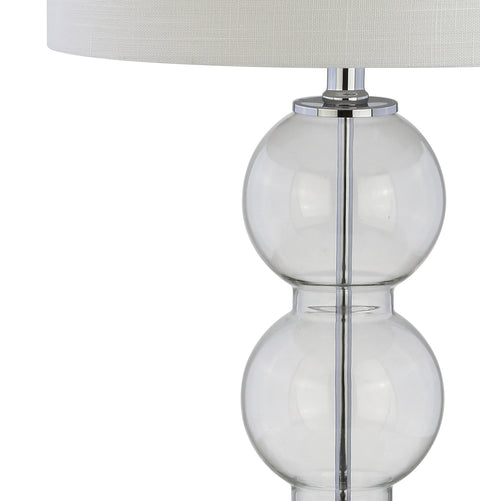 Clear Glass Triple Sphere Table Lamps Set Of Two With Chrome Finish And Super Sleek White Linen Shade For Living Room Bedroom Or Office 27 Inch Tall Bedside Lamps LED Bulbs Included And ETL Listed, close-up of glass spheres and linen shade.