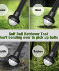 3 Pack Golf Ball Grabber With Suction Cup For Putter Grip, showing usage on lawn, hole, puddle, and bushes for easy ball pickup.