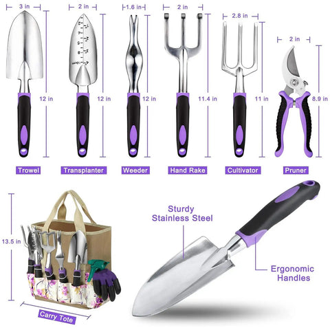 All In One 30 Piece Stainless Steel Garden Tool Set With Non Slip Ergonomic Handles And Vintage Floral Tote Bag layout
