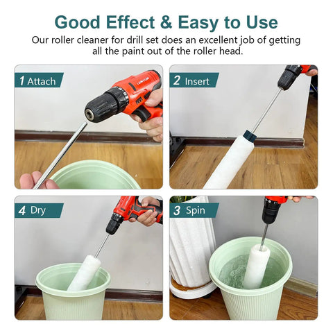 Paint Roller Cleaner and Dryer Tool for 9 to 18 Inch Rollers Drill Driver Attachment Pro Roller Washer in use.