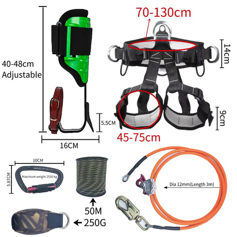 Pro Grade Tree Climbing Kit With Spikes And Adjustable Straps, Steel Core Flip Line, Carabiners, Rope Bag, Safety Harness.