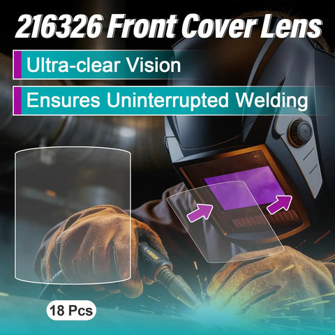 18 Pack Front Lens Replacement 216326 For MP 10 Digital Elite Welding Helmets overlay image with text and welding scene