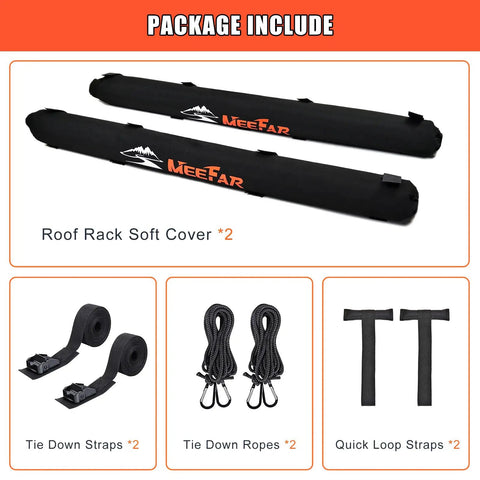 Package contents showing universal car roof rack pads for kayak surfboard SUP canoe with heavy duty tie down straps and ropes.