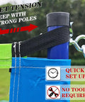Portable Backyard Volleyball Set With Durable Net All Weather Construction Includes Pump Wrap Yarn Volleyball Boundary Lines Carry Bag Classic Blue Green Easy Setup For Instant Play installation detail showing net tension and pole.