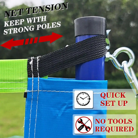 Portable Backyard Volleyball Set With Durable Net All Weather Construction Includes Pump Wrap Yarn Volleyball Boundary Lines Carry Bag Classic Blue Green Easy Setup For Instant Play installation detail showing net tension and pole.