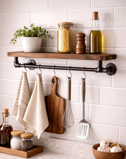 Kitchen shelf display using 10 Pack 1/2 In X 16 In Black Malleable Iron Pipe Nipples Fittings Set for DIY projects and decor.