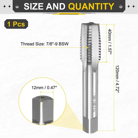 Top Shelf 7/8 To 9 BSW Taper Hand Tap Crafted From Slick High Speed Steel Gear showing size and threading details for precision work