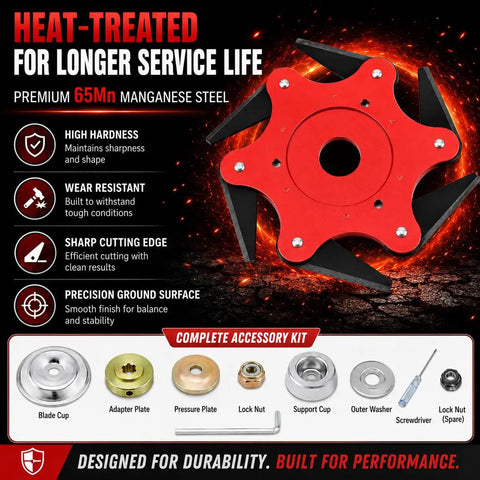Heavy-Duty 6-Tooth Brush Cutter Blade For Yard Machines And Lawn Tractors Made From Durable Heat Treated 65Mn Steel, assembly kit included.