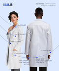 White Unisex Lab Coat With Roomy Over Clothing Fit Dope Workwear Laboratory Coat For Everyday Use Durable Lab Jacket For Men And Women Classic Yet Modern Style Size M, front and back view showing pockets and design features.