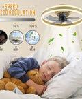 Child sleeping under Flush Mount Ceiling Fan With Remote Control, 19.7 Inch Bladeless LED Light, Low Profile Modern Design.