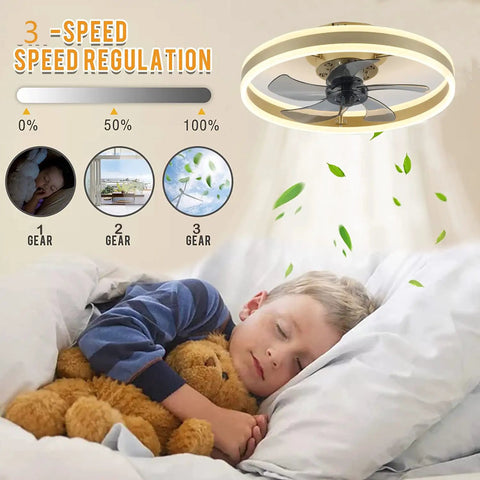 Child sleeping under Flush Mount Ceiling Fan With Remote Control, 19.7 Inch Bladeless LED Light, Low Profile Modern Design.
