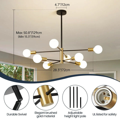 Dope Black And Gold Sputnik Chandelier 8 Light Modern Ceiling Fixture With Height Adjustable Rods dimensions and details