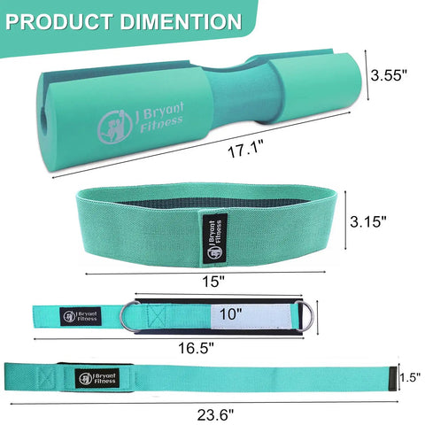 Barbell Pad Set With Ankle Straps, Hip Resistance Band, Lifting Straps And Carry Bag For Squats And Bench Press shown with dimensions