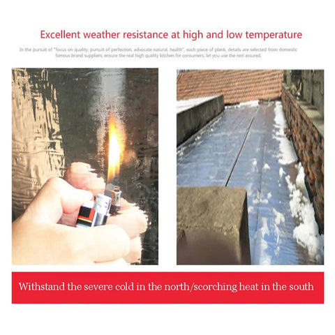 Heavy Duty Waterproof Roofing Tape Roll For Asphalt Shingle Repair shown with a flame test and snowy rooftop for weather resistance.