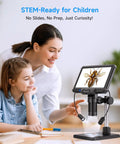 7 Inch Digital Microscope With Screen No Phone Needed For Adults And Kids Coin Magnifier For Error Coins PCB Traces Bugs STEM Learning Soldering Electronics Macro Camera STEM activity with child and adult viewing a bee on the 7-inch screen