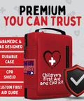 Red portable children's first aid and CPR kit with durable case, CPR shield, and first aid guide