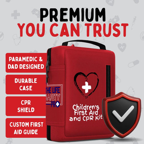 Red portable children's first aid and CPR kit with durable case, CPR shield, and first aid guide