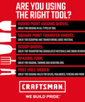 Infographic showing different tools like digging shovel, transfer shovel, spading fork, and post hole digger with uses