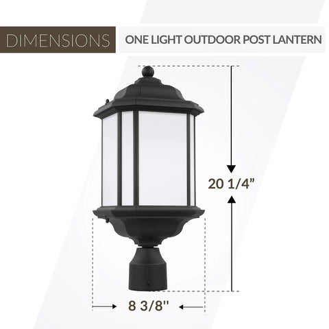 Kent One Light Outdoor Post Lantern Black Finish Weatherproof Aluminum Fixture For Wet Locations cETL Listed with dimensions