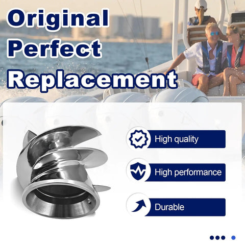 6 1/8 Inch Outboard Jet Impeller No 1737 Three Blade Polished Stainless Steel Kit displayed with boat motors and features