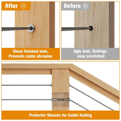 Beefy Stainless Steel Cable Railing Sleeves For Wood Posts, 50 Pack, T316 Marine-Grade Protection, fits cables in deck railing
