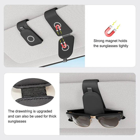 Premium Magnetic Sunglass Holder for Car Visor 2 Pack Soft Faux Leather Eyeglasses Clip with Powerful Magnet and Snazzy Look No Fuss Auto Accessory to Keep Your Shades Securely Handy Everywhere, showing strong magnet grips.