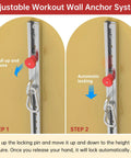 Adjustable Wall Mount Anchor system showing locking mechanism for resistance bands, highlighting pull and automatic lock features.